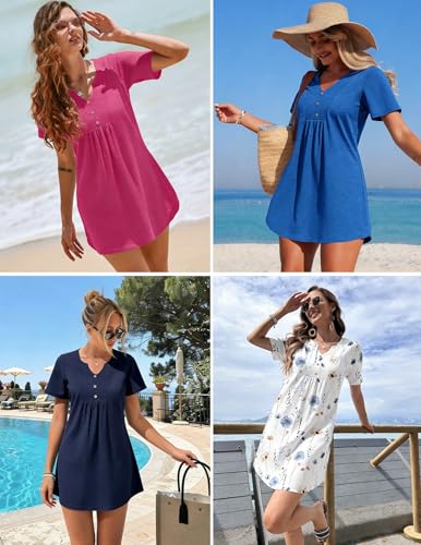 Women's Swimsuit Cover-Up V Neck Short Sleeve Dress - Black, X-Large