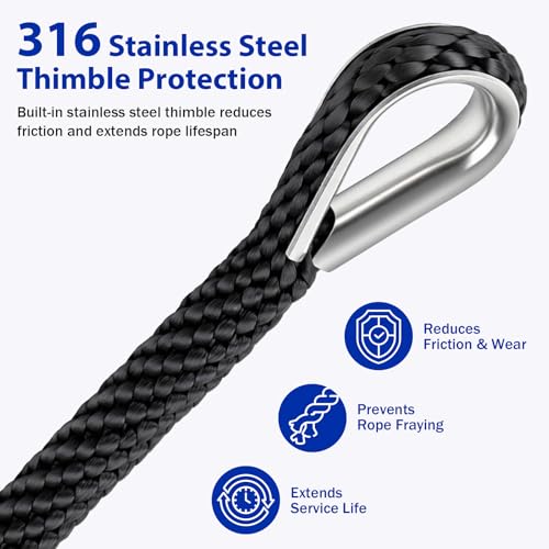 HOKINETY Marine Grade Anchor Rope 3/8 Inch x 150FT Black Floating Braid with Stainless Steel Thimble & Shackle