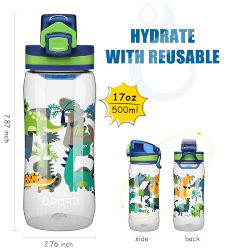 Kids Water Bottle - Leak Proof Flip-Top Lid, 17oz - Transparent Dinosaur