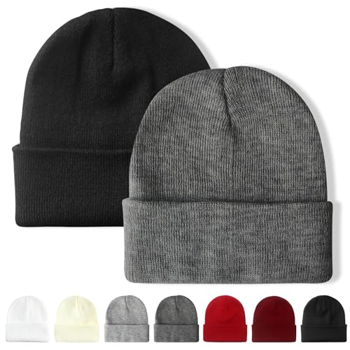 Winter Beanie Hats for Men & Women - 2 Pack Black & Grey