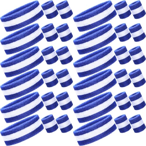 Dark Blue & White 36 pcs Neon Sports Sweatbands Set - Headbands & Wristbands for Men Women, Athletic, Glow Party