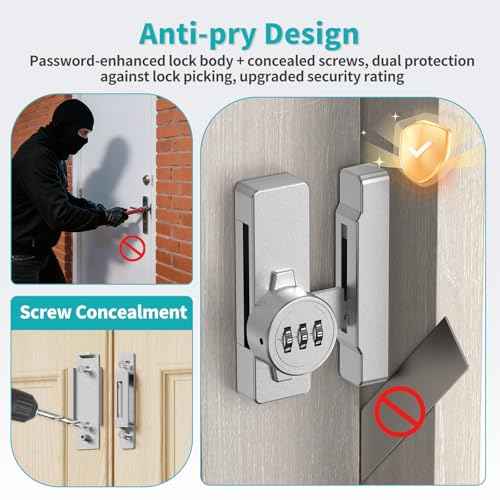 90/180 Degree Mechanical Combination Door Lock, Zinc Alloy Keyless Sliding Barn Locks for Bedroom, Shed, Window, Cabinet - 3 Digit Password Security Flip Gate Latches (1, Silver)