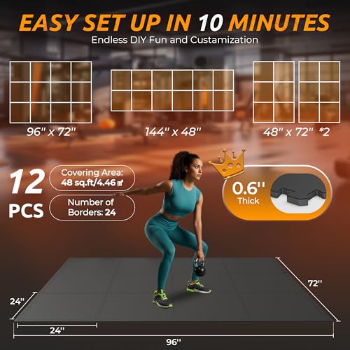 Thicker Rubber Gym Flooring Mat - 48 Sq Ft Interlocking Tiles