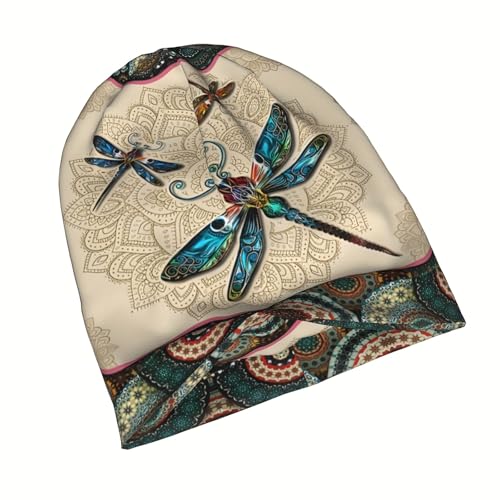 Tenna Teki Women's Slouchy Beanie Chemo Headwear Cancer Hat with Dragonfly Mandala Beige - One Size