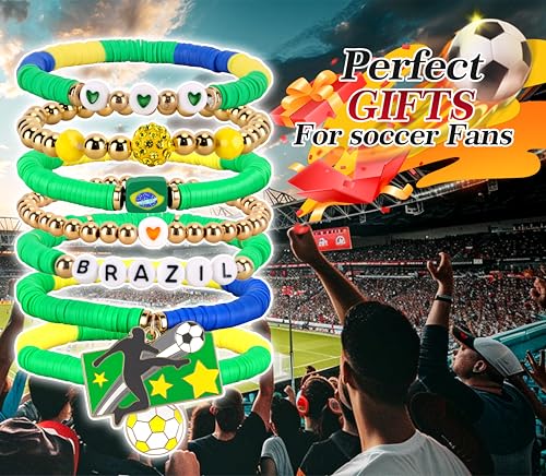 Soccer Bracelet for Women - Brazil Charm Beaded Stretch Bracelet