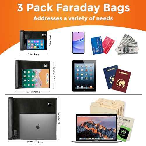 Large Faraday Bags 3 Pack ? Signal Blocking RFID Pouch for Phones, Laptops, Bank Cards, Electronics, Key Fobs ? Anti-Hacking, Fireproof & Waterproof Faraday Cage for Digital Privacy & Theft Protection