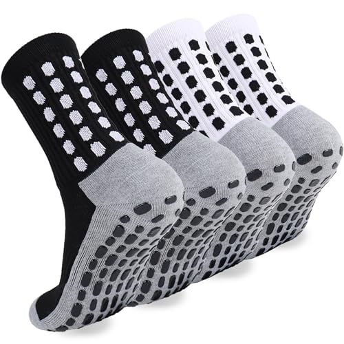 Non-Slip Soccer Socks with Grip Pads for Men and Women - 2 Pairs Black White