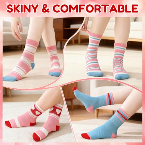 Girls Athletic Crew Socks - 6 Pairs, Ages 6-10, Blue Pink White
