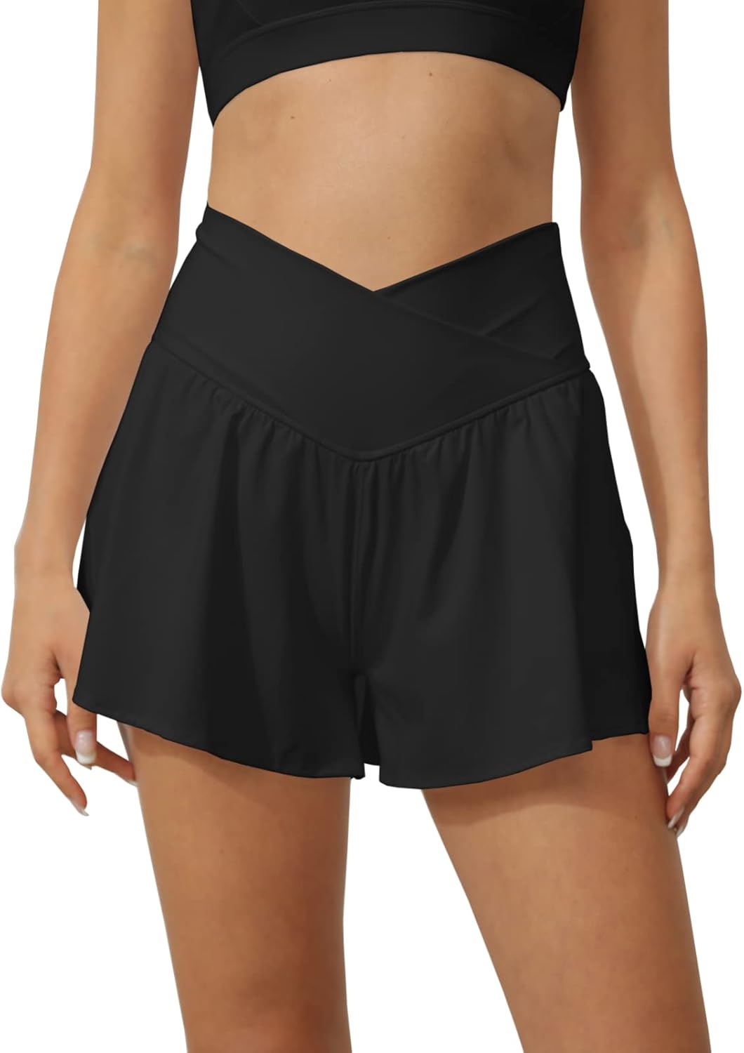 Tongmingyun Women's Crossover 2-in-1 Athletic Shorts - Flowy High Waist Running Skorts with Pocket