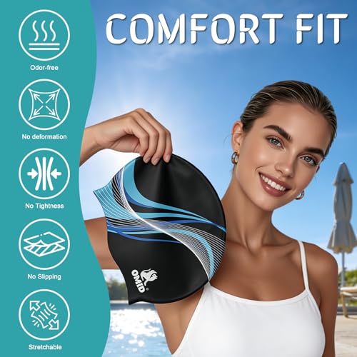 OMID Extra Large Silicone Swim Cap for Long Thick Hair Women Black Waterproof Non-Slip Pool & Beach Use