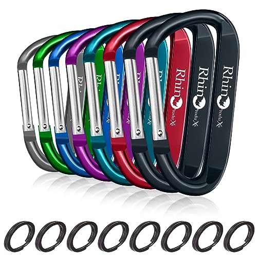 8PCS Lightweight D Ring Carabiner Clips with Keyrings - Black, Grey, Green, Blue, Purple, Red, Dark Blue