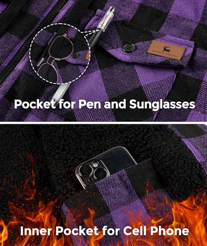 Dekomere Mens Flannel Shirt Jacket Sherpa Lined Plaid Hoodie X-Large Dark Purple