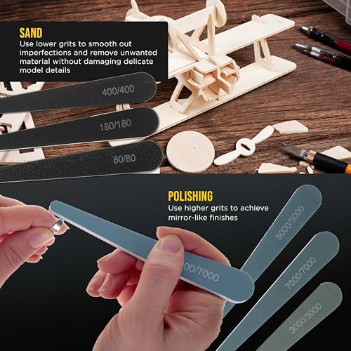 Dura-Gold Sanding Sticks and Polishing Sticks for Plastic Models, Pack of 20-2 Each of 10 Grits, Coarse 80 to Ultra-Fine 7000 Grit, Water Drop Style - Sand Wood Metal Auto Detailing, Hobby Sandpaper
