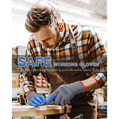 Haysandy 36 Pairs Large Rubber Latex Double Coated Gloves Blue Latex Rubber Hand Coated Safety Work Gloves for Construction Gardening for Men