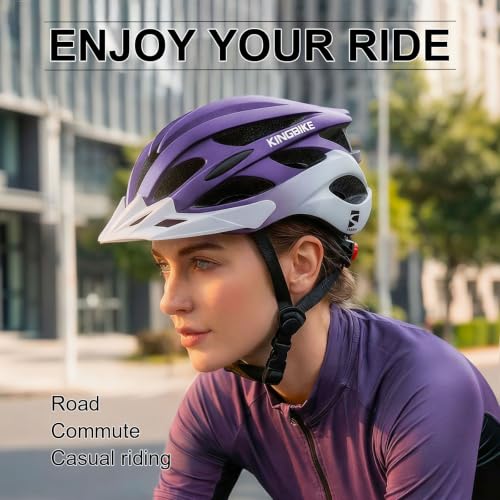 Bike Helmet with USB Rechargeable Light & Visor - Purple White M(52-56CM)