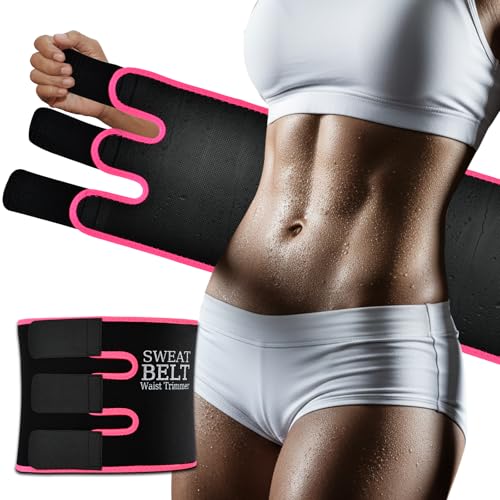 Waist Trainer Sweat Belt for Men & Women - Medium Black/Pink