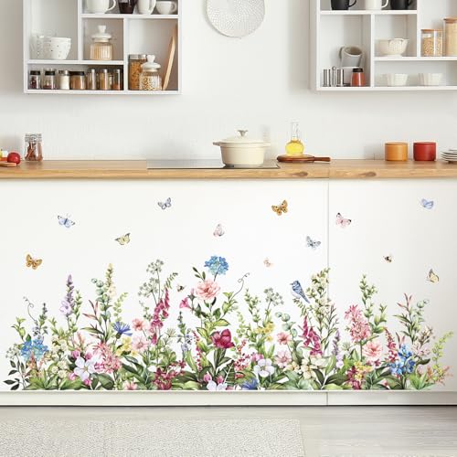 wondever Wildflower Grass Butterflies Wall Corner Stickers Garden Floral Baseboard Skirting Line Peel and Stick Wall Art Decals for Bedroom Living Room Sofa