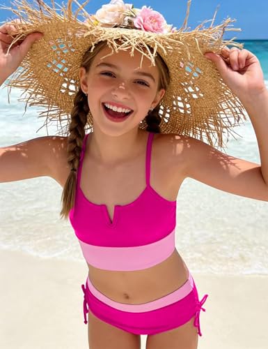 Girls Color Block Cutout Bikini Set - High Waisted Swimwear, Rose Pink, Size 11-12 Years