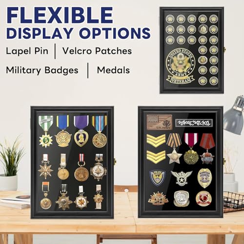 15.4x11.2 Inch Solid Pine Wood Military Pin & Badge Shadow Box Display Case with UV Acrylic, Lockable Wall Mount