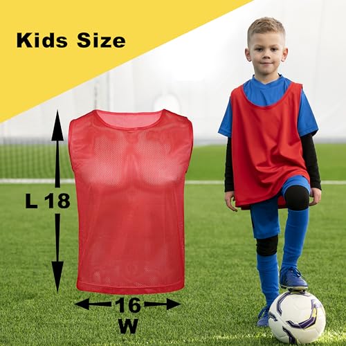 Kids Youth Breathable Mesh Soccer Pinnies & Vests - Red & Neon Yellow, Ages 5-10, 18 Pack