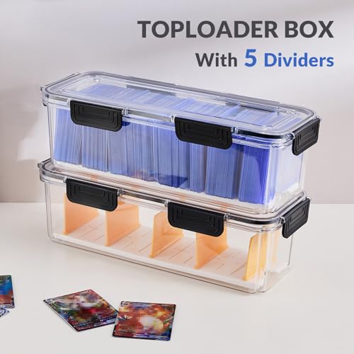 DEEIF 2 Pack Trading Card Storage Box for Toploaders with Dividers - Clear Acrylic Organizer for Sports & Gaming Cards