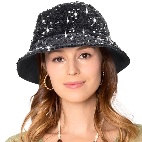Shiny Glitter Sequin Bucket Hat for Women - Medium Black