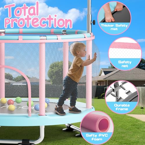 55" Kids Mini Trampoline with Adjustable Bar - Pink & Blue