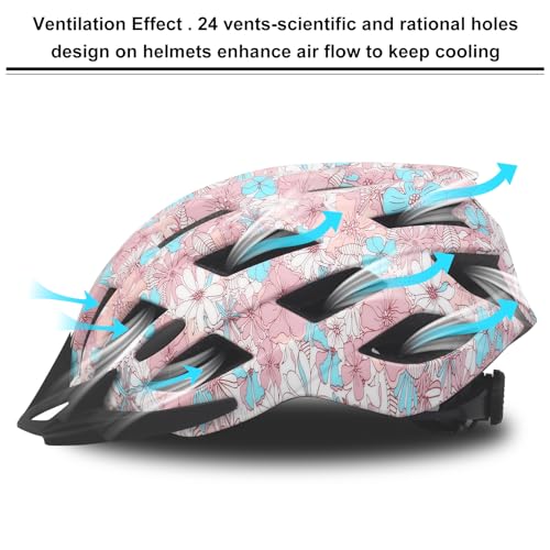 Adjustable Bicycle Helmet for Adults - Lightweight Pink Flower, L: 58-62cm
