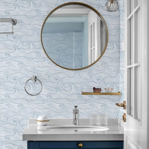 Okydoky Peel and Stick Wallpaper, Modern Wave Self-Adhesive Wall Paper, Blue Removable Wallpaper, Contact Paper for Bedroom Cabinet Bathroom Decoration 17.3"x118", No.96141-1-3