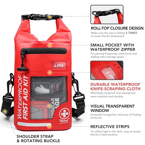 250 PCS Waterproof First Aid Kit - Red Roll Top Bag