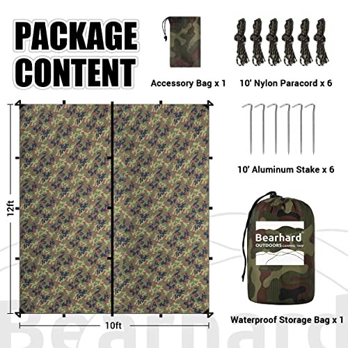 Bearhard Waterproof Camping Tarp 10x12ft Camo Rain Fly for Hiking & Backpacking