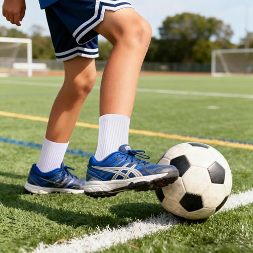 Kids Grip Soccer Socks - Cushioned Non-Slip Athletic - 2 Pairs Black+White