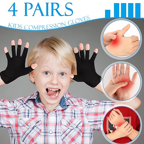 Kids Compression Gloves 4 Pairs, Fingerless Hand Support for Ages 8-15