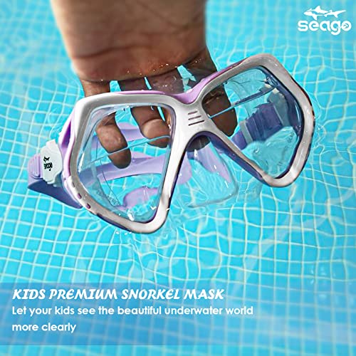 Seago Kids Swim Goggles with Purple Nose Cover Anti-Fog Tempered Glass 6-14