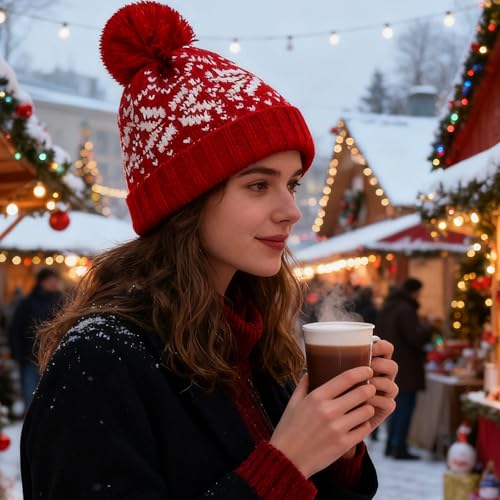 Winter Pom-Pom Beanie Hat for Women & Men - Red Medium