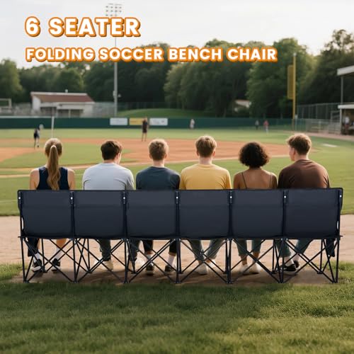 Folding Soccer Bench - 6 Seat Portable Team Bench with Backrest - Black