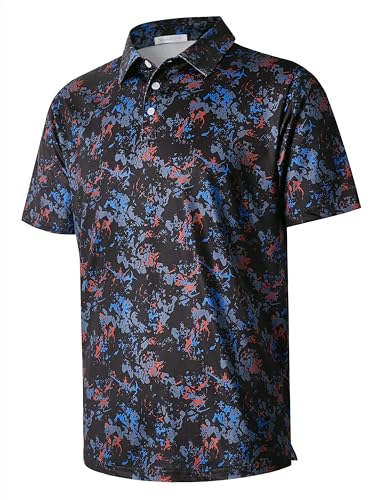 Hawaiian Golf Polo Shirt for Men - Short Sleeve, Large Black Multi Splatter