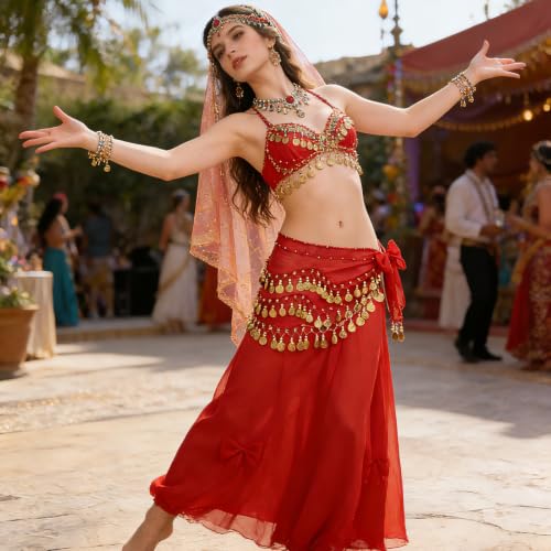 Belly Dance Hip Scarf Tie Waist Wrap with 128 Coins - Red