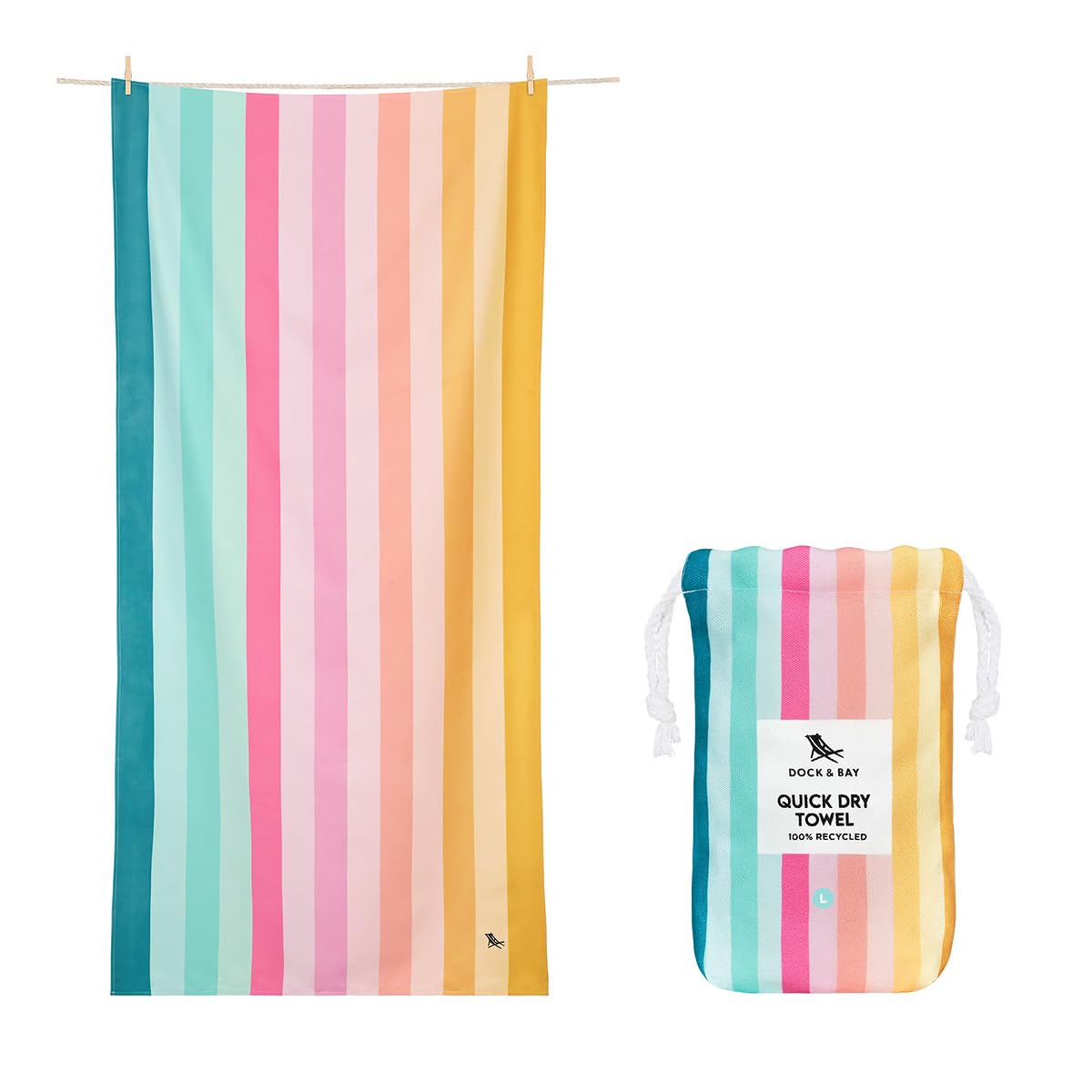 Dock & Bay Beach Towel - Quick Dry, Sand Free - Compact, Lightweight - 100% Recycled - Includes Bag - Rainbow Shores - Set of 4 - Extra Large (200x90cm, 78x35)