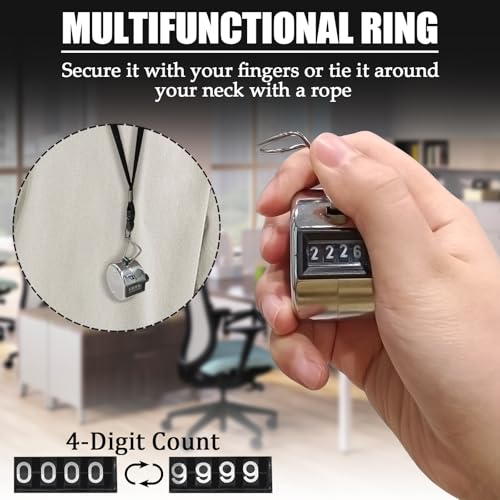 4-Digit Metal Hand Tally Counter - Mechanical Clicker with Lanyards (Silver)