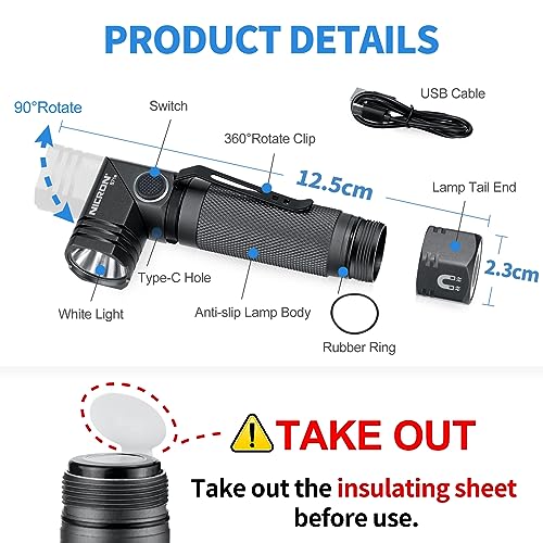 1300 Lumens Rechargeable Magnetic Flashlight, 6 Modes LED 90 Degree Flashlight Twist IP65 Waterproof High Bright EDC Pocket Torch, Tactical Flashlight for Camping, Emergency, Repair, Outdoor