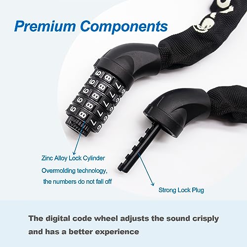 Monotre 3.9ft 5-Digit Resettable Bike Chain Lock - Keyless Anti-Theft for Bicycle, Motorcycle, Scooter (Black)