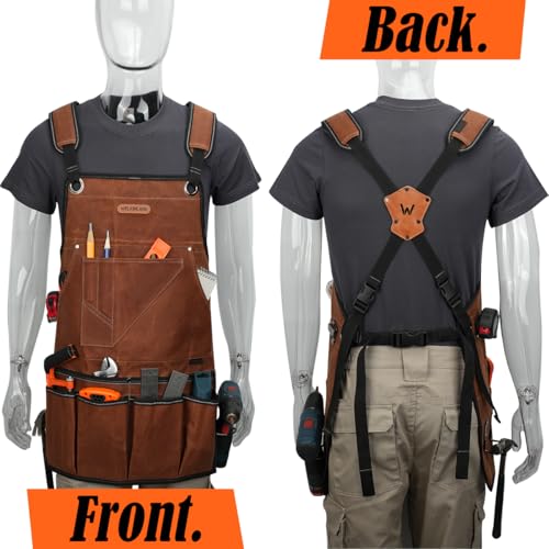 WELKINLAND 11-Pockets Waxed-Canvas Tool Apron, Heavy-Duty Carpenter Apron, Comfy Woodworking Apron, Convenient Workshop Apron, Fully-Adjustable Shop Aprons For Men, Well-Padded Work Aprons For Men