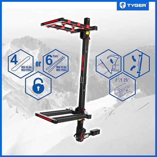 Folding Hitch-Mounted Ski & Snowboard Rack - Carries 6 Skis or 4 Boards