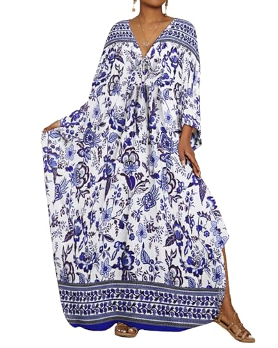 Blue Print Kaftan Dress for Women Floral Plus Size Cover Up - MooMoo