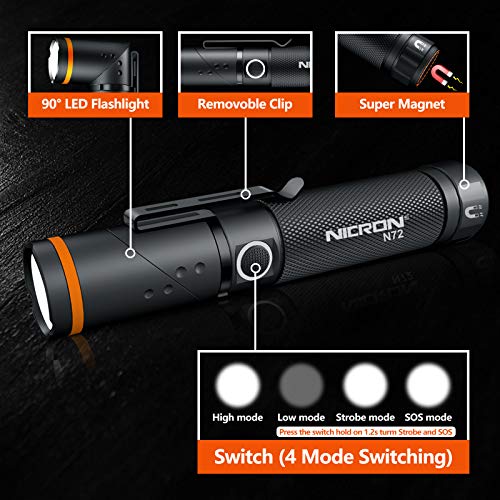 NICRON Flashlight, N72 800 Lumens Tactical Flashlight, 90 Degree Flashlight IPX4 Waterproof Led Flashlight 4 Modes- Best High Lumens are for Camping, Outdoor,Maintain (18650/AAA Not Included)