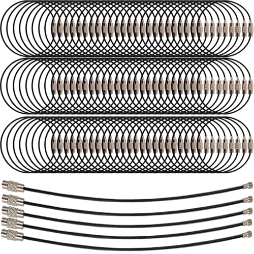 Royhoo 100Pcs 6in Black Stainless Steel Wire Keychains, 1.5mm Twist Barrel, Luggage Tag Loops