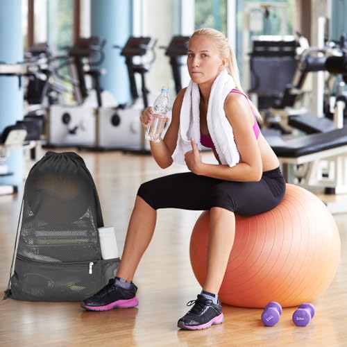 Large Mesh Swim Beach Bag - Drawstring Gym Bag - Black