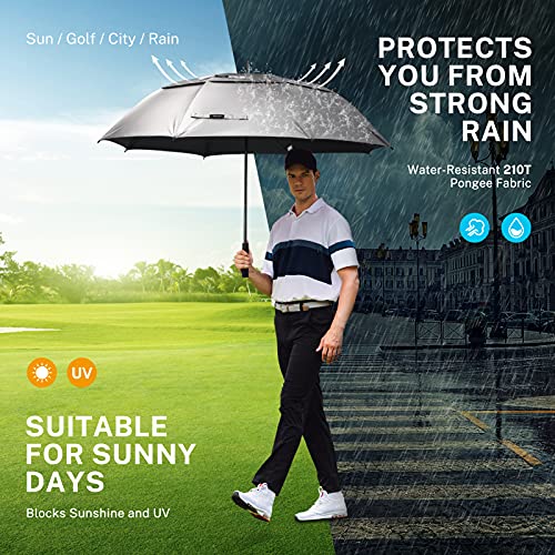 62 Inch Golf Umbrella - Auto Open, Windproof, UV Protection - Silver/Black