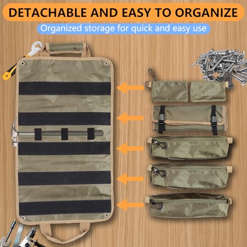 Tool Roll Up Bag, Large Tool Bag Organizer for Electrician, Heavy Duty Detachable with 3 Big Tool Pouches, 1 14-pocket Wrench Organizer, 2 Small Storage Tool Bag, Gift for Men/Dad/Him